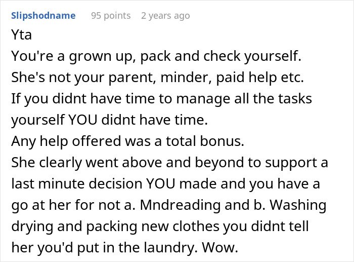 Comment criticizing man for blaming wife over no slacks for business trip, internet responding strongly to his excuses.