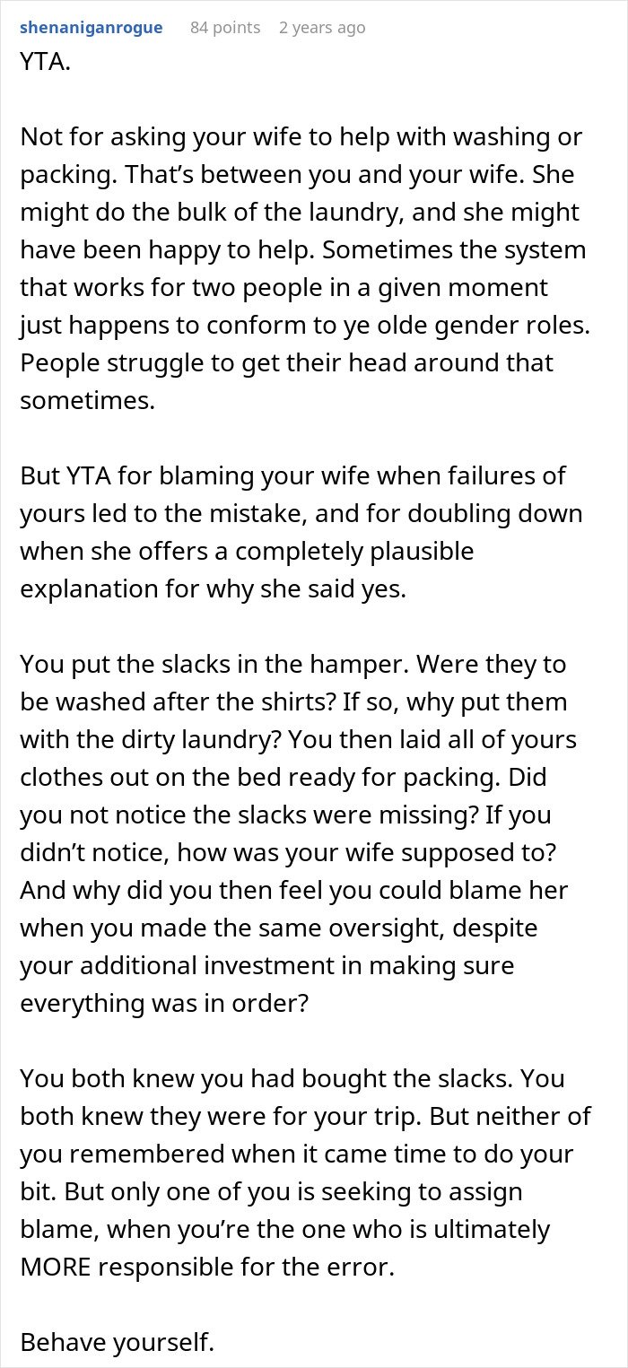Forum comment discussing a man blaming his wife for no slacks on business trip, internet users disagree strongly with him.