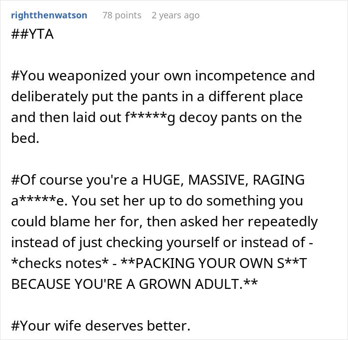 Screenshot of internet comment criticizing a man for blaming his wife over having no slacks for his business trip.