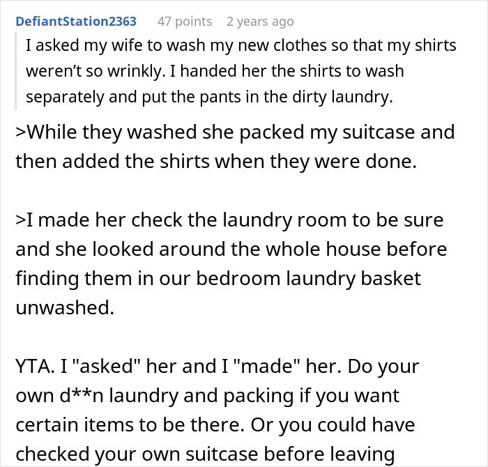 Comment about man blaming wife for no slacks on business trip, discussing laundry and packing issues.