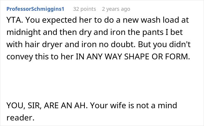 Screenshot of an online comment criticizing a man blaming his wife for no slacks for his business trip.