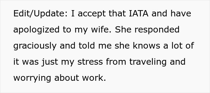 Man tries to blame wife for no slacks on business trip but internet users disagree and criticize his excuse.