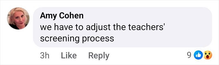 Amy Cohen commenting about the need to adjust the teachers screening process on a social media post.