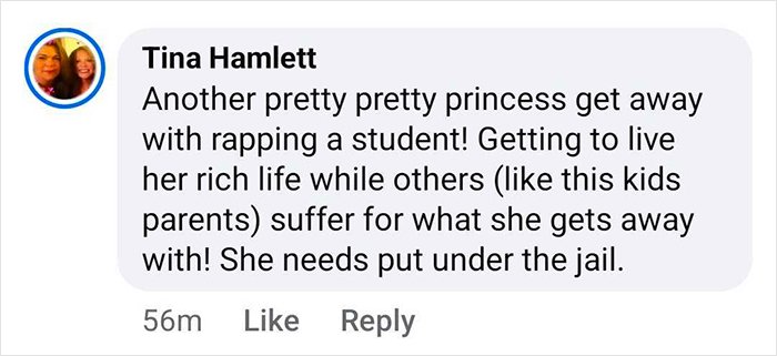 Comment from Tina Hamlett criticizing a teacher for allegedly rapping a student, calling for jail time after an intimate encounter.