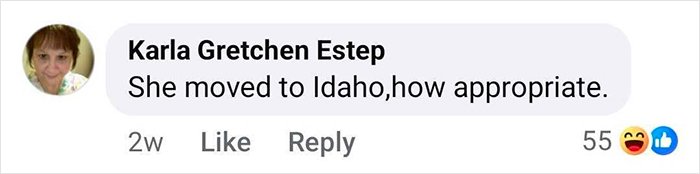 Comment from Karla Gretchen Estep saying She moved to Idaho, how appropriate, highlighting bold texts from teacher to student.