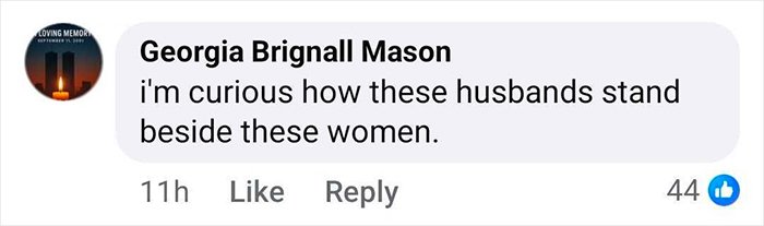 Comment from Georgia Brignall Mason questioning how husbands stand beside these women after hours-long intimate encounter texts surface.