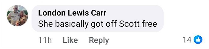 Comment by London Lewis Carr saying she basically got off Scott free in a social media thread about bold texts from teacher to student.