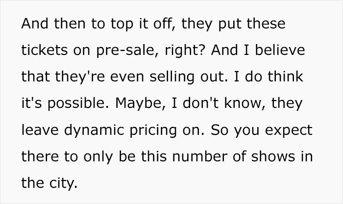 Text about pre-sale and possible dynamic pricing impacting Harry Styles tour tickets selling out in limited city shows.