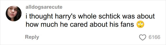 Comment on social media expressing disappointment about Harry Styles and fan care amid new tour ticket prices.