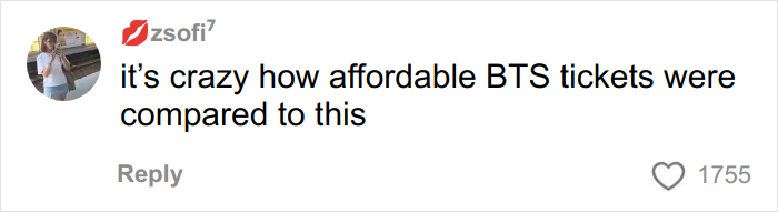 Social media comment criticizing the high prices of Harry Styles new tour tickets compared to BTS tickets.