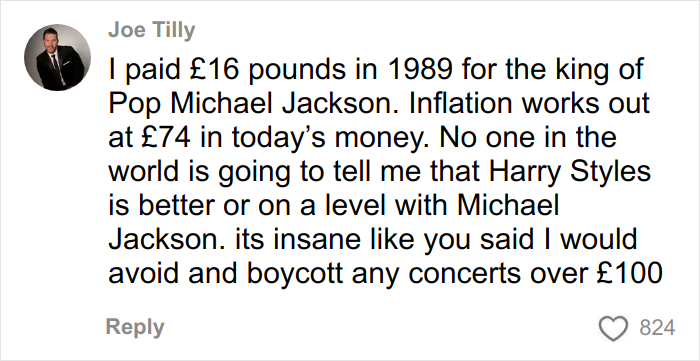 Comment comparing Harry Styles tour ticket prices to Michael Jackson's, expressing fan outrage over high costs.