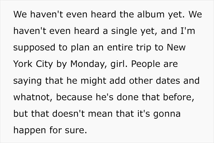 Text excerpt discussing fans planning trips for Harry Styles new tour amid uncertainty about added dates and ticket prices.