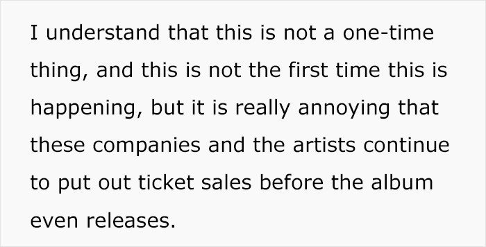 Text excerpt discussing fan frustration over early ticket sales for Harry Styles new tour before album release.