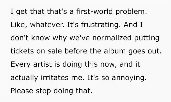 Text expressing frustration over high prices of Harry Styles new tour tickets and early ticket sales before album release