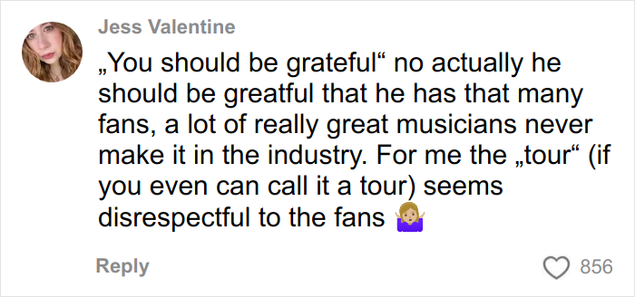 Fan comment criticizing Harry Styles new tour ticket prices, calling the tour disrespectful to fans.