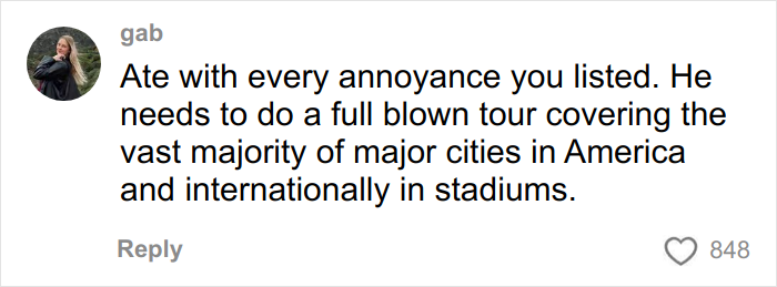 Social media comment criticizing Harry Styles new tour ticket prices and calling for a full stadium tour.