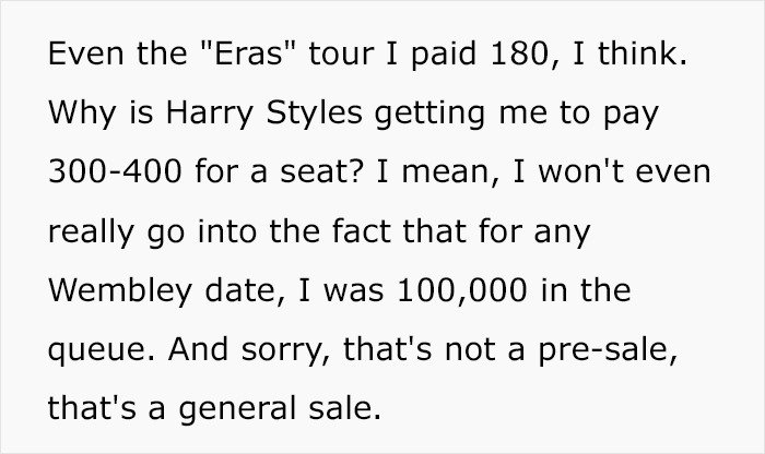 Fan discussion about outrage over Harry Styles new tour ticket prices reaching 300-400 dollars per seat.