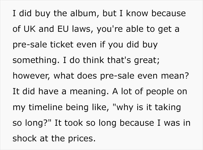 Text excerpt discussing fans’ reaction to Harry Styles new tour ticket prices and pre-sale confusion online.