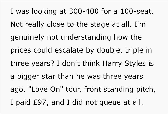 Text discussing fans’ outrage over Harry Styles new tour ticket prices increasing significantly in three years.