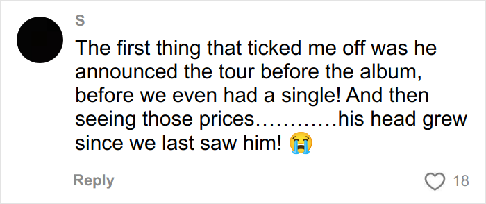 User comment expressing frustration about Harry Styles' new tour ticket prices and announcement timing before album release.