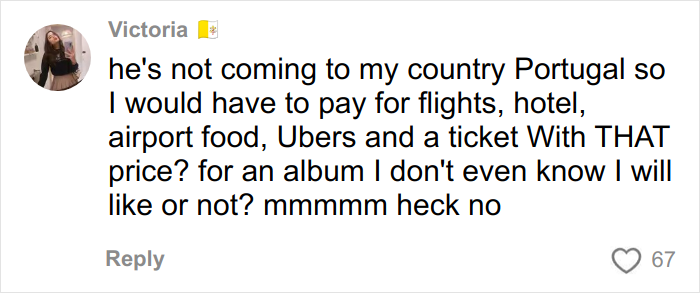 Fan comment expressing frustration about Harry Styles tour ticket prices and travel costs for concerts outside Portugal.