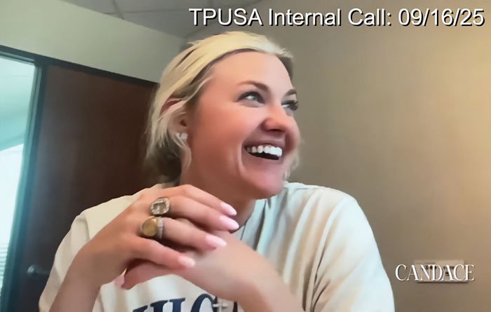 Erika Kirk smiling widely in leaked clip days after Charlie’s passing amid backlash and explosive audio.