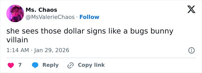 Tweet from Ms. Chaos reacting with a sarcastic comment on Erika Kirk’s grin in leaked clip amid backlash over explosive audio.