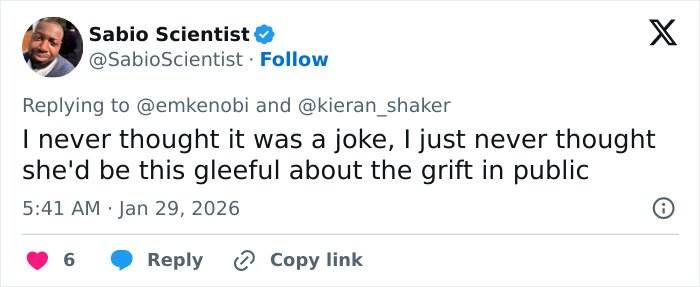Tweet from Sabio Scientist reacting to Erika Kirk’s grin in leaked clip days after Charlie’s passing, sparking public backlash.
