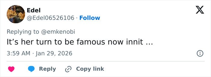 Twitter user Edel replying to a comment with a text about fame, posted at 3:59 AM on Jan 29, 2026.