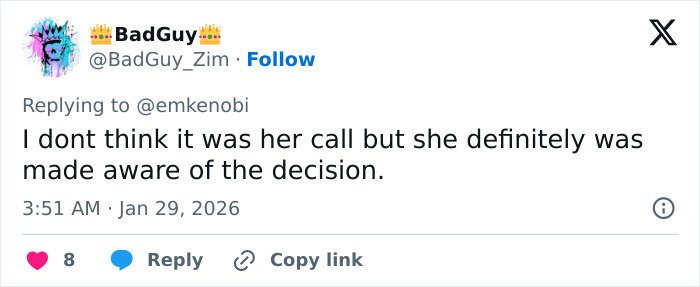 Screenshot of a tweet discussing awareness of a decision, related to Erika Kirk’s grin in leaked clip backlash.