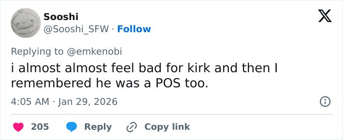 Screenshot of a tweet mentioning Kirk, discussing negative feelings amid backlash over leaked clip and explosive audio.