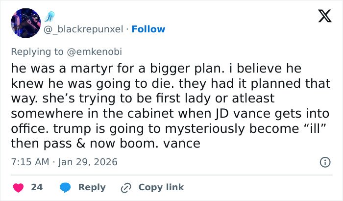 Tweet discussing a martyr theory and political ambitions related to JD Vance amid mysterious events.