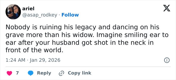 Screenshot of a social media post criticizing Erika Kirk’s grin days after Charlie’s passing amid backlash and explosive audio.