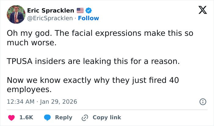 Screenshot of a tweet discussing facial expressions and leaks related to Erika Kirk’s grin after Charlie’s passing backlash.