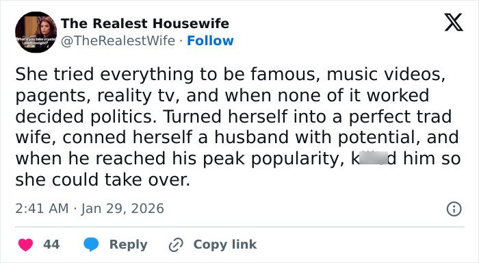 Screenshot of a tweet by The Realest Housewife discussing Erika Kirk’s grin in a leaked clip amid backlash and explosive audio.