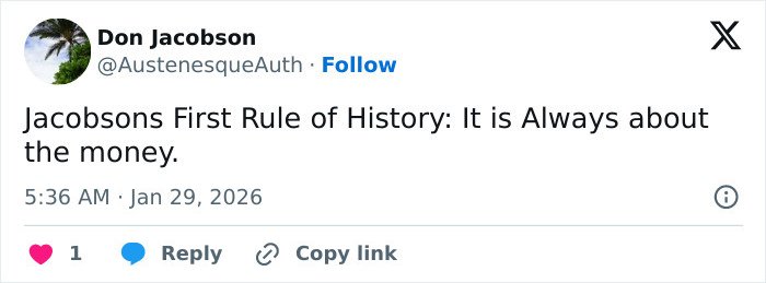 Screenshot of a tweet criticizing history for being about money, related to Erika Kirk’s grin backlash and explosive audio.