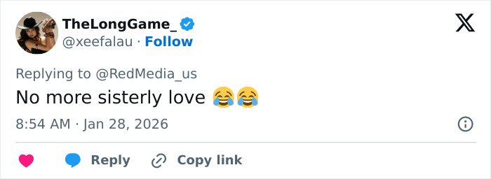 Tweet from TheLongGame_ commenting no more sisterly love with laughing emojis, relating to Ariana Grande snubbing Nicki Minaj after Trump controversy.
