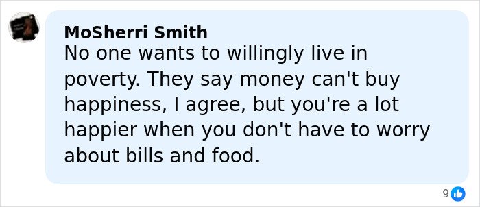 Comment about living in poverty and happiness from MoSherri Smith in a social media post discussing financial worries.