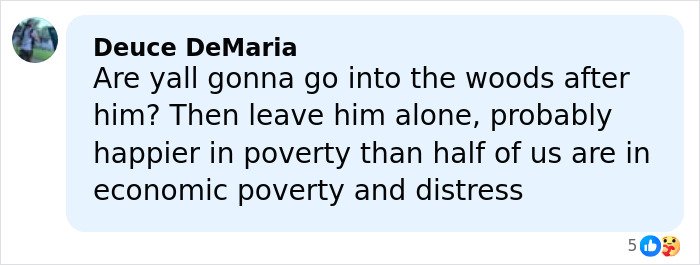 Screenshot of a social media comment discussing poverty and someone living off the grid after arrest.