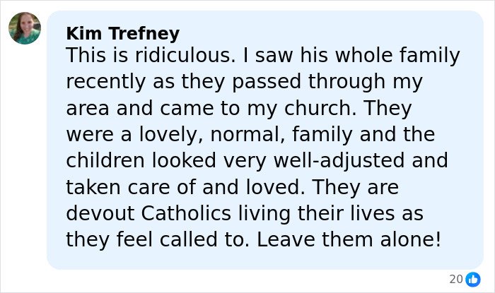 Facebook comment defending a Catholic family, mentioning devout beliefs and community life amid controversy.