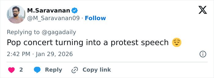 Twitter post showing a user commenting on Lady Gaga halting a concert to deliver a bold ICE speech.