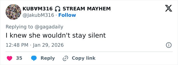 Tweet from user KUBVM316 replying to gagadaily, stating support for Lady Gaga speaking out during her concert about ICE issues.