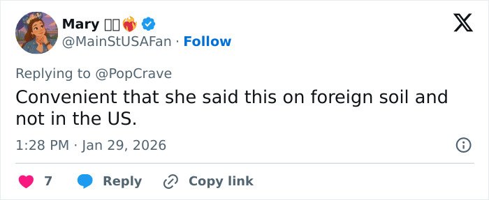 Social media comment discussing Lady Gaga halting concert to deliver bold ICE speech outside the US.