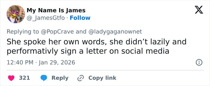 Tweet by user My Name Is James reacting to Lady Gaga’s bold ICE speech during a concert, emphasizing her genuine activism online.