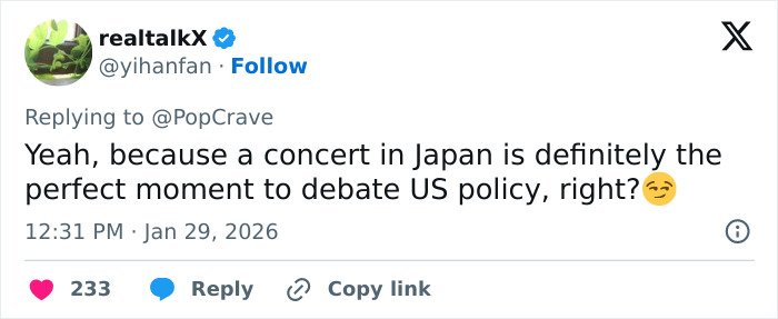 Tweet screenshot showing a user commenting on Lady Gaga halting concert to deliver a bold ICE speech during a Japan show.