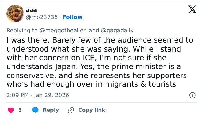 Tweet discussing Lady Gaga’s bold ICE speech during concert with mixed audience reactions and political context.