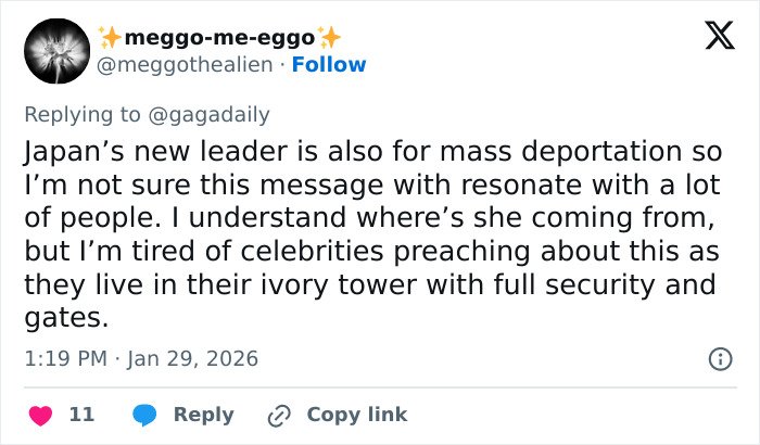 Tweet about mixed reactions to Lady Gaga’s bold ICE speech during concert, mentioning celebrity activism and security concerns.