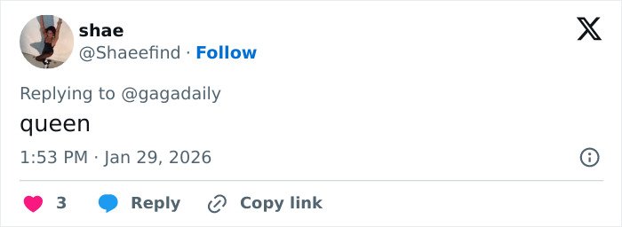 Screenshot of a social media reply praising Lady Gaga’s bold ICE speech during her concert performance.