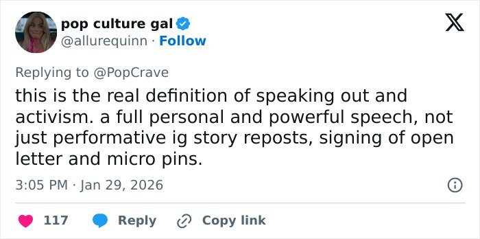 Screenshot of a social media post praising Lady Gaga for delivering a bold ICE speech during her concert.