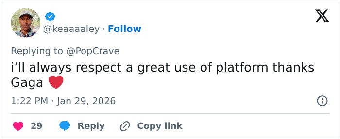 User tweet praising Lady Gaga’s bold ICE speech during concert, showing respect for her platform use.